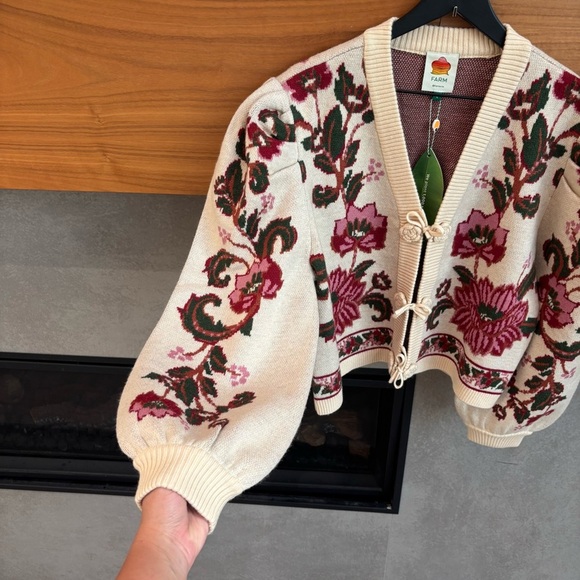 NWT Farm Rio Ravenala Floral-intarsia Knitted Cardigan Cream, Size L - Picture 9 of 15